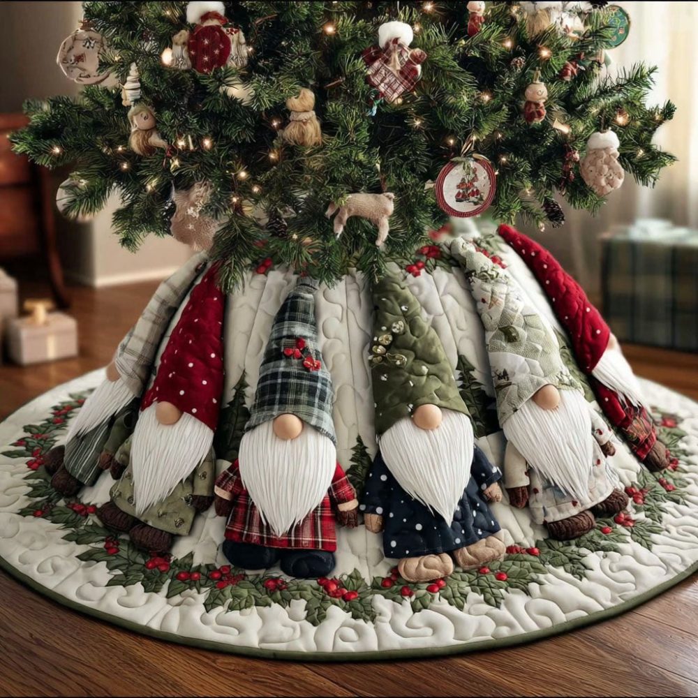 Rustic Gnome Trail Christmas Tree Skirt — Custom Handmade Tree Cover For Cozy Holiday Charm And Tailored Seasonal Styling