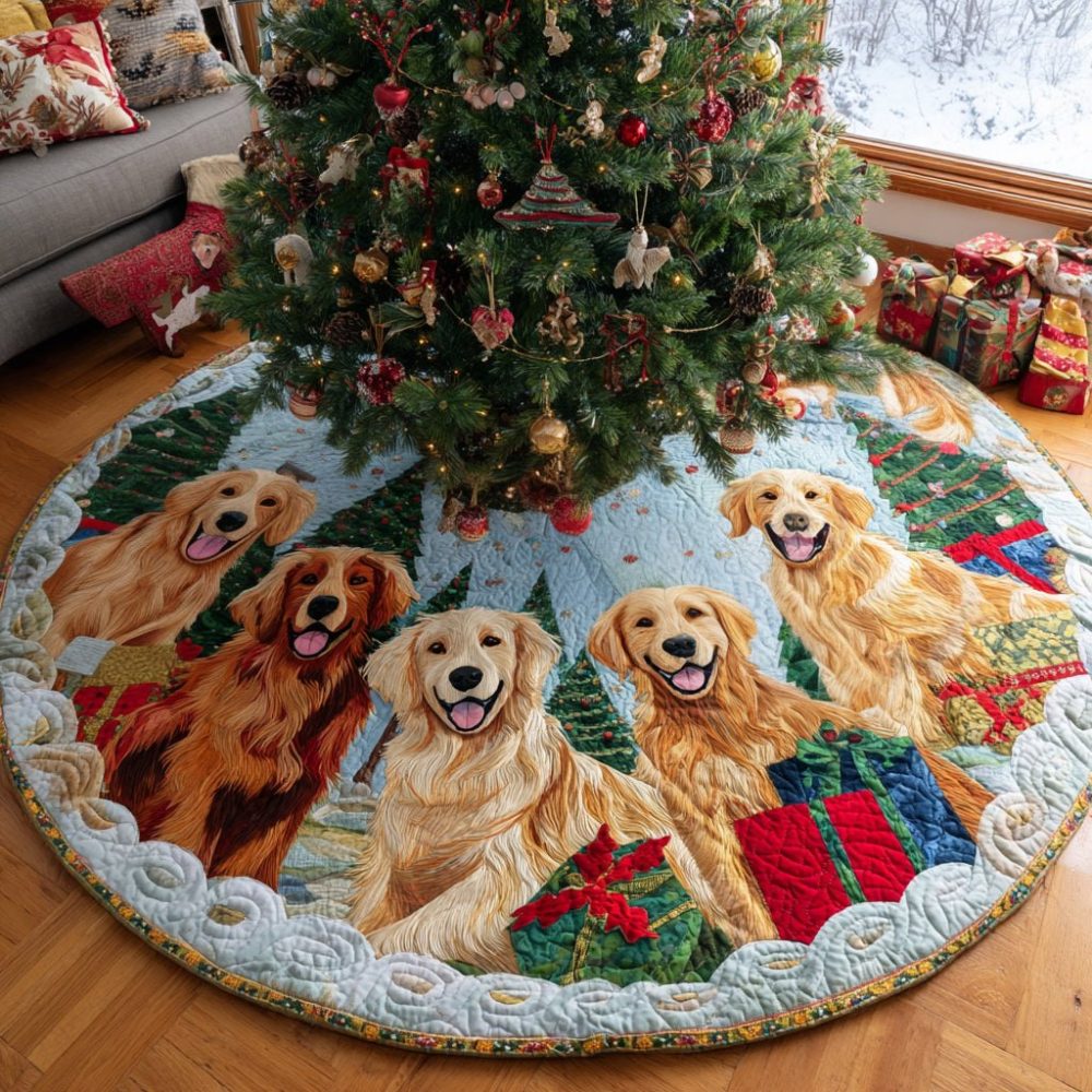 Golden Retriever Gifts Patch-Ring Christmas Tree Skirt — Custom Goldens & Presents Design, Handmade And Made-To-Order For Dog-Loving Homes