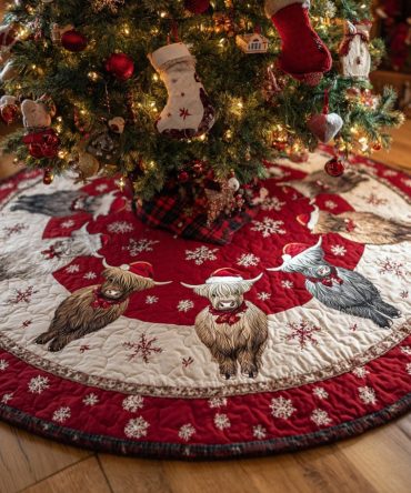 Highland Cow Rustic Christmas Tree Skirt — Custom-Made Holiday Skirt With Cozy Farmhouse Charm, Handcrafted & Durable
