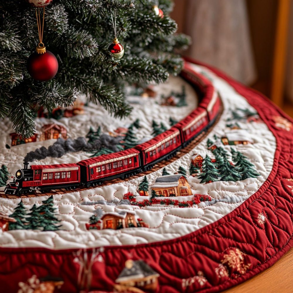 Jolly Journey Holiday Tree Skirt — Custom Made Christmas Tree Skirt With Festive Travel & Adventure Theme, Handcrafted
