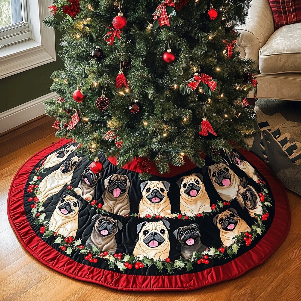 Sweet Pug Christmas Tree Skirt — Handcrafted Custom Holiday Tree Skirt For Pug Owners, Made-To-Order Quality
