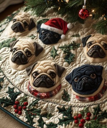 Playful Pug Holiday Tree Skirt — Custom Pug Christmas Tree Skirt, Handcrafted For Pet Lovers & Festive Home Styling