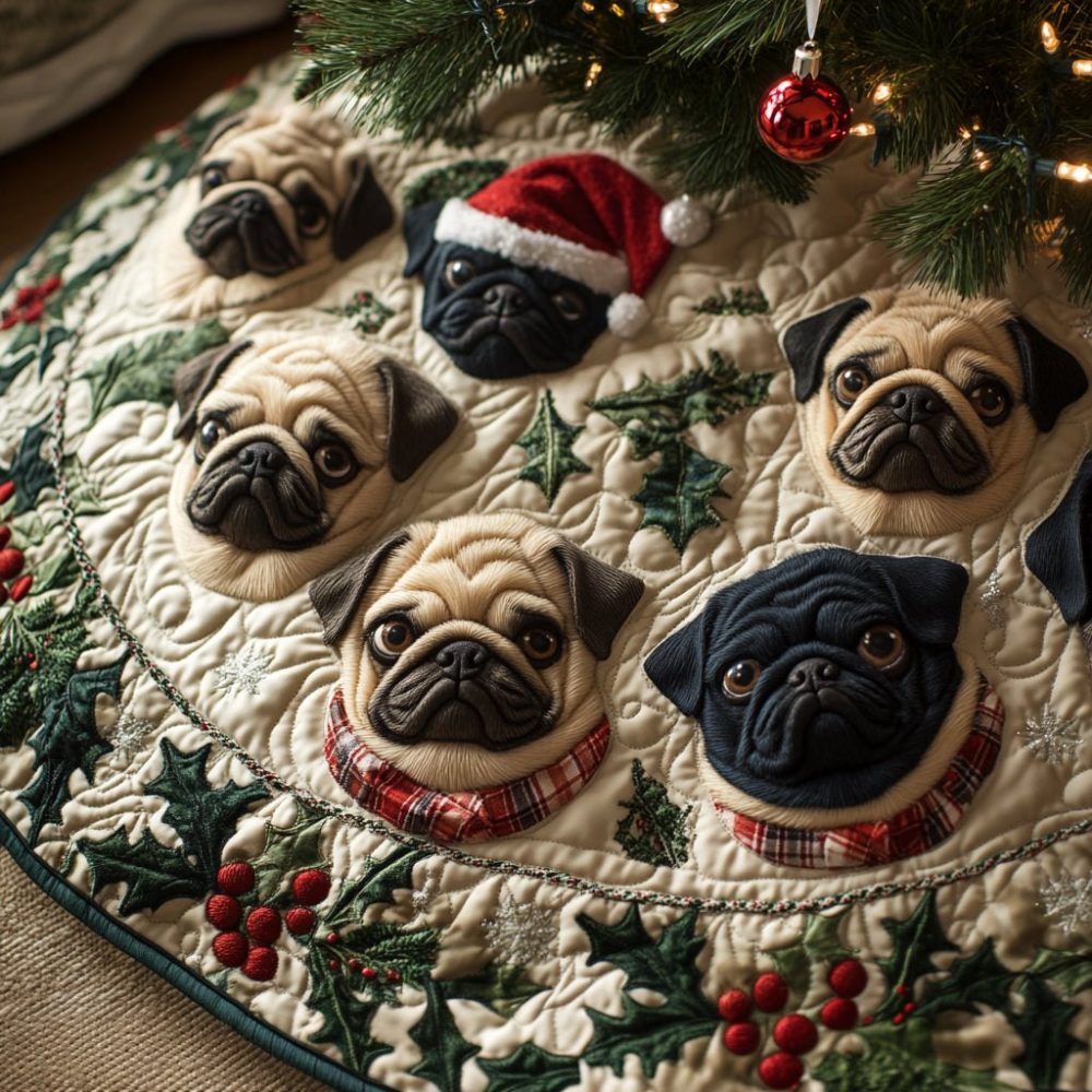 Playful Pug Holiday Tree Skirt — Custom Pug Christmas Tree Skirt, Handcrafted For Pet Lovers & Festive Home Styling