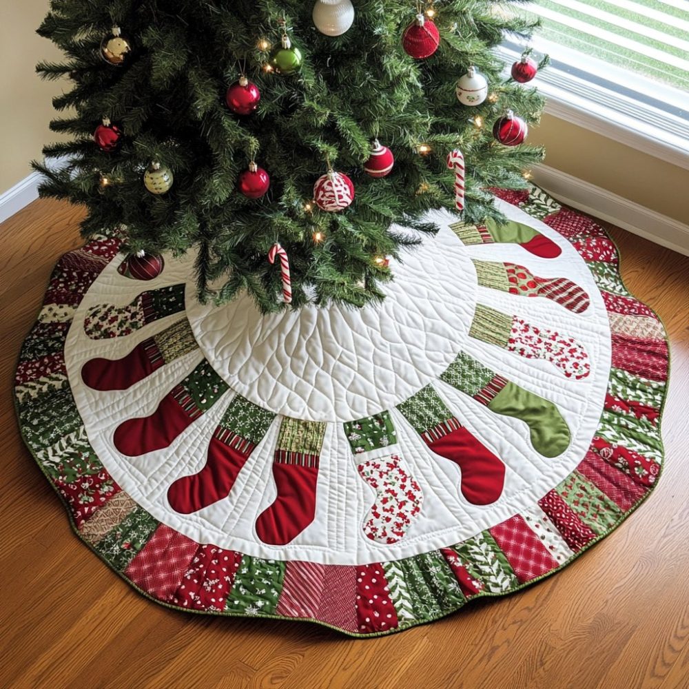 Christmas Stocking Wedge Ring Tree Skirt — Classic Holiday Stocking Motif, Handmade Custom Skirt Made-To-Order For Timeless Seasonal Decor