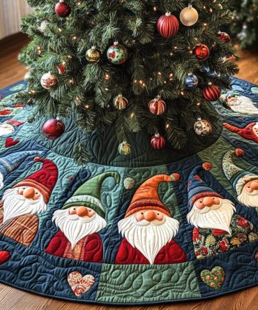 Teal Santa Gnome Face Christmas Tree Skirt — Whimsical Handmade Made-To-Order Holiday Skirt With Cheerful Gnome Faces For Festive Home Decor