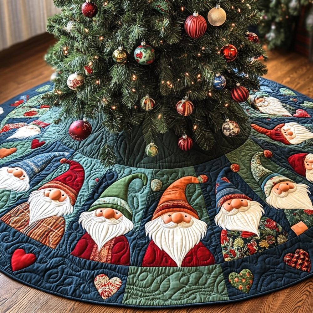 Teal Santa Gnome Face Christmas Tree Skirt — Whimsical Handmade Made-To-Order Holiday Skirt With Cheerful Gnome Faces For Festive Home Decor