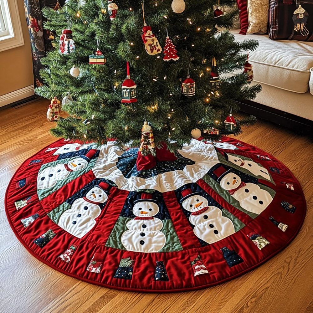 Jolly Snowmen Christmas Tree Skirt — Custom Made-To-Order Holiday Base With Cheerful Snowmen, Soft Plush Finish, Durable