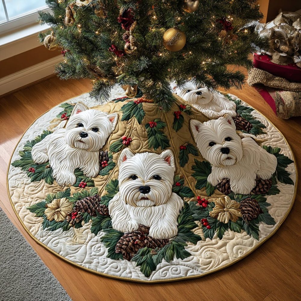Jolly Westie Holiday Tree Skirt — Personalized Made-To-Order Christmas Base Featuring Westie Design, Soft & Gift-Ready