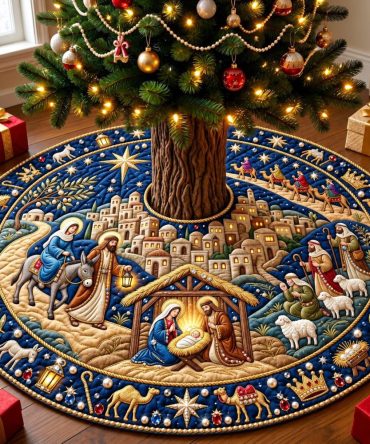 Journey To Bethlehem Tree Skirt — Custom Nativity Journey Design, Handcrafted Holiday Foundation, Soft Durable Fabric