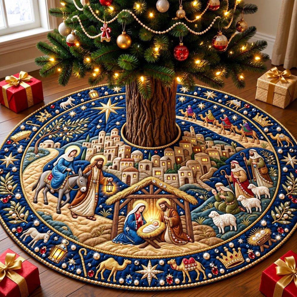 Journey To Bethlehem Tree Skirt — Custom Nativity Journey Design, Handcrafted Holiday Foundation, Soft Durable Fabric