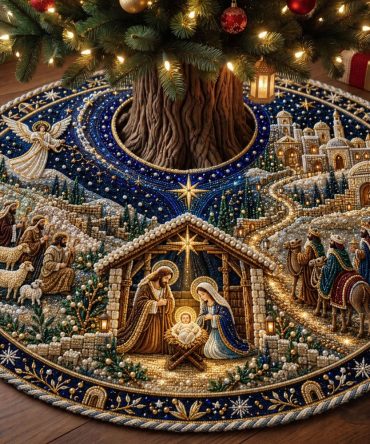 Journey To The Manger Christmas Tree Skirt - Handcrafted Biblical Scene Tree Cover, Custom-Made Holiday Centerpiece