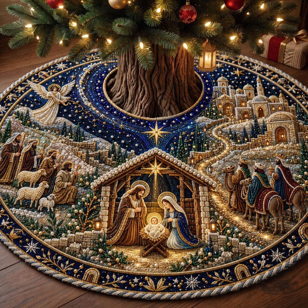 Journey To The Manger Christmas Tree Skirt - Handcrafted Biblical Scene Tree Cover, Custom-Made Holiday Centerpiece