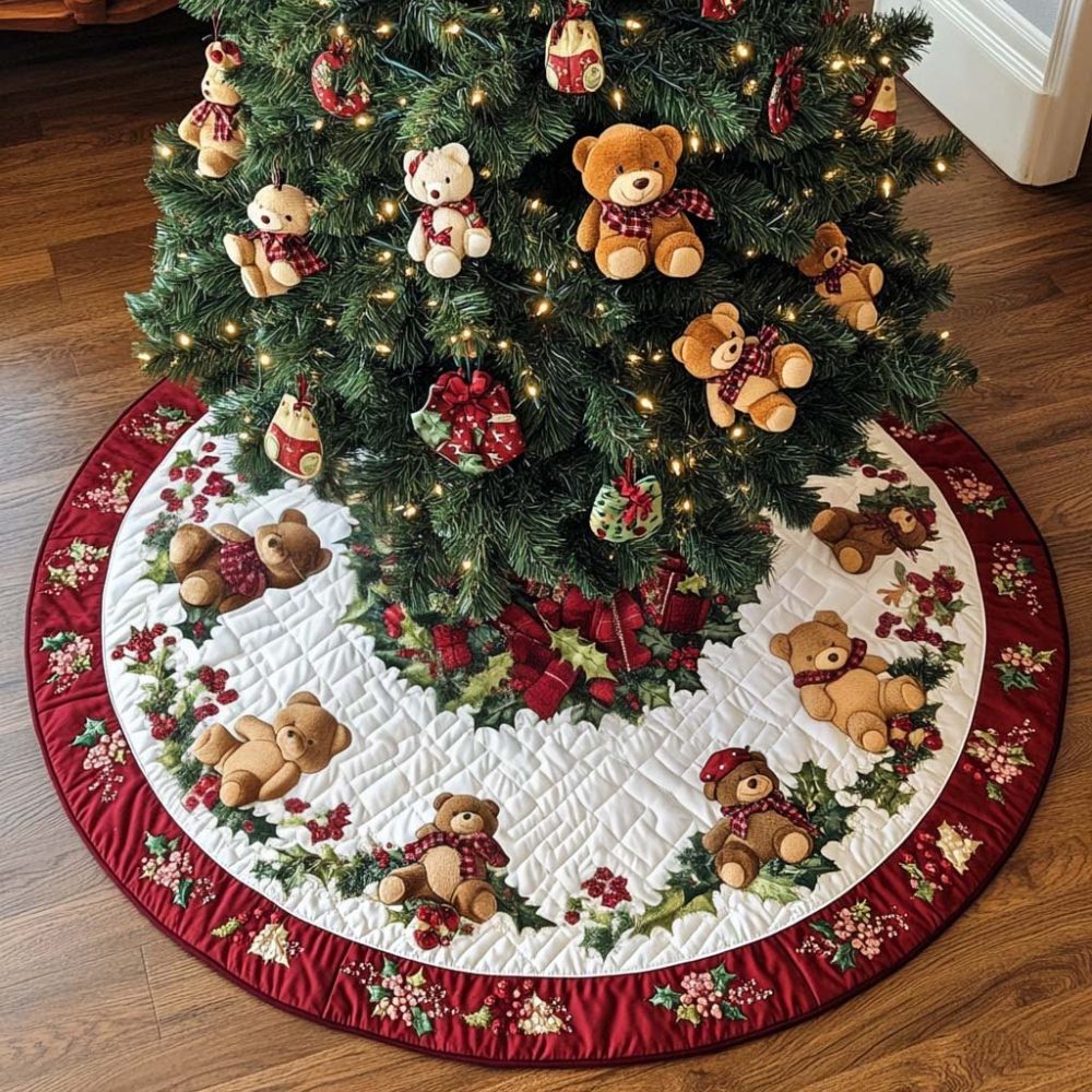 Handmade Bear Ring Christmas Tree Skirt — Personalized Made-To-Order Holiday Base With Charming Bear Motif, Soft & Durable