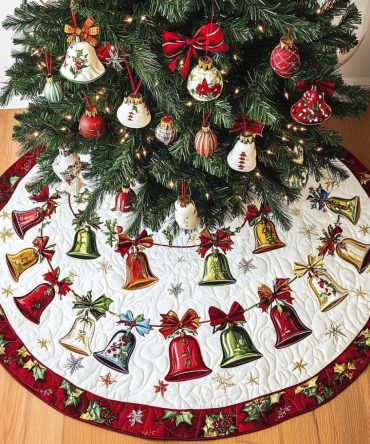 Premium Joyful Bells Christmas Tree Skirt — Custom Made-To-Order Holiday Base With Festive Bell Motif, Soft Luxury Finish