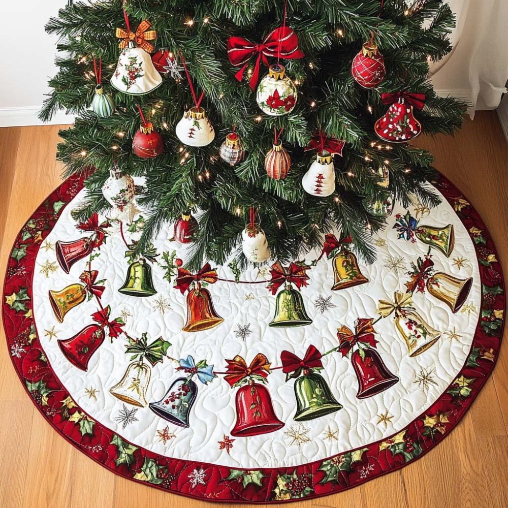 Premium Joyful Bells Christmas Tree Skirt — Custom Made-To-Order Holiday Base With Festive Bell Motif, Soft Luxury Finish