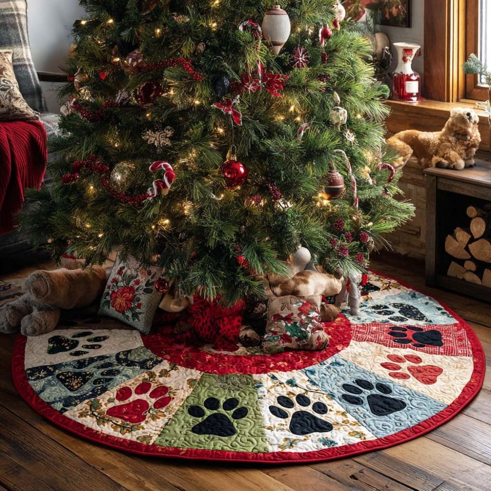 Joyful Paws Custom Christmas Tree Skirt — Pet Paw Print Design, Personalized Dog & Cat Lover Holiday Accessory