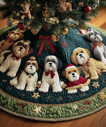 Shih Tzu Merry Moments Tree Skirt — Personalized Shih Tzu Holiday Skirt, Soft Backing & Custom Embroidery Options