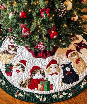 Kitty Claus Celebration Christmas Tree Skirt - Festive Cat Santa Design, Custom Made-To-Order Quilted Soft Skirt For Pet-Friendly Holidays