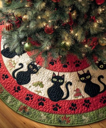 Kitty Steps Cat Christmas Tree Skirt - Made-To-Order Cute Paw Print Design, Soft Quilted Skirt For Cat Lovers, Handmade Holiday Accent