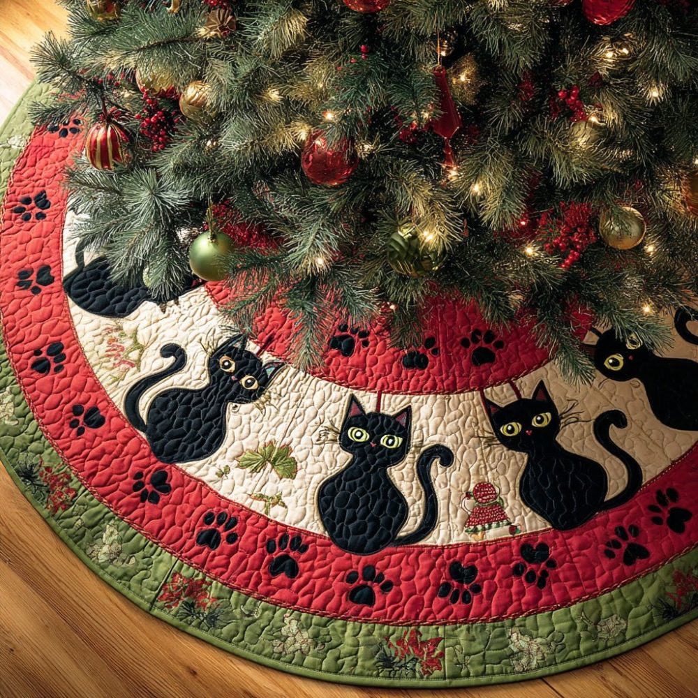 Kitty Steps Cat Christmas Tree Skirt - Made-To-Order Cute Paw Print Design, Soft Quilted Skirt For Cat Lovers, Handmade Holiday Accent