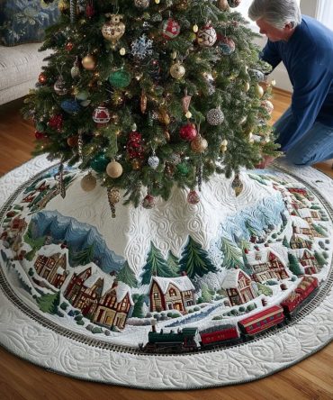 Kris Kringle Locomotive Christmas Tree Skirt - Handcrafted Train-Themed Holiday Skirt With Vintage Steam Engine Design, Kids' Festive Decor