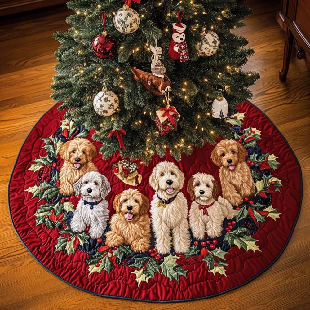 Adventure-Themed Labradoodle Christmas Tree Skirt — Custom Made Holiday Skirt With Playful Doodle Silhouettes, Handmade To Order For Dog Families