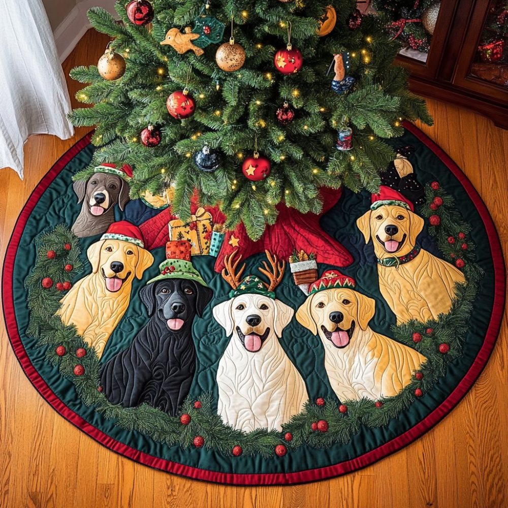 Labs In Santa Hats & Antlers Tree Skirt — Custom Made-To-Order Labrador Christmas Collar With Santa Hats And Antlers, Festive, Machine-Washable, Gift-Ready