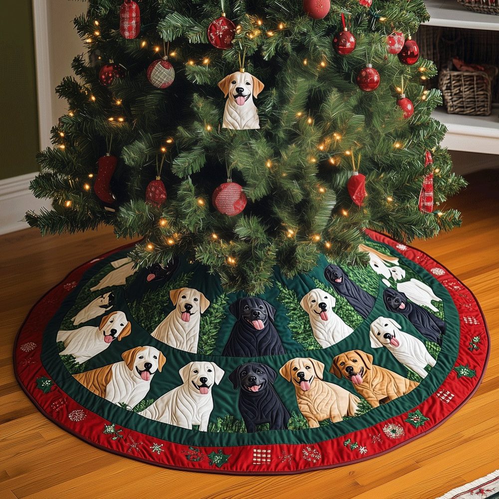 Lab Litter On Patch Border Tree Skirt — Custom Made-To-Order Labrador Litter Design With Patch Border, Durable Washable Fabric, Perfect Family Gift