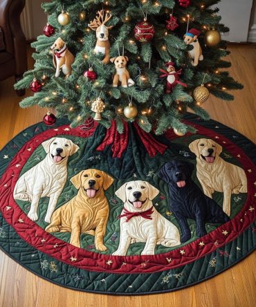 Custom Crimson Christmas Tree Skirt With Bow-Tie Labrador Silhouettes — Handmade Made-To-Order Holiday Décor For Dog Lovers & Gifts