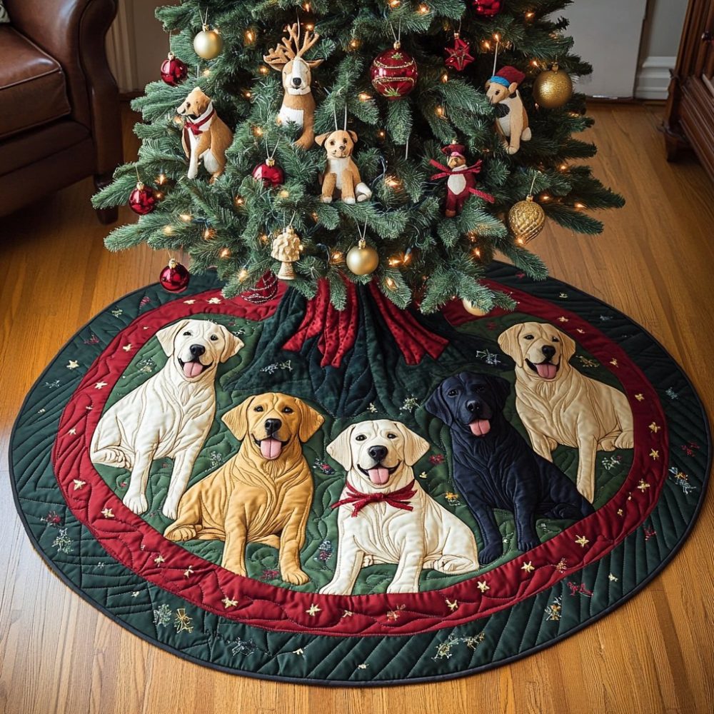 Custom Crimson Christmas Tree Skirt With Bow-Tie Labrador Silhouettes — Handmade Made-To-Order Holiday Décor For Dog Lovers & Gifts