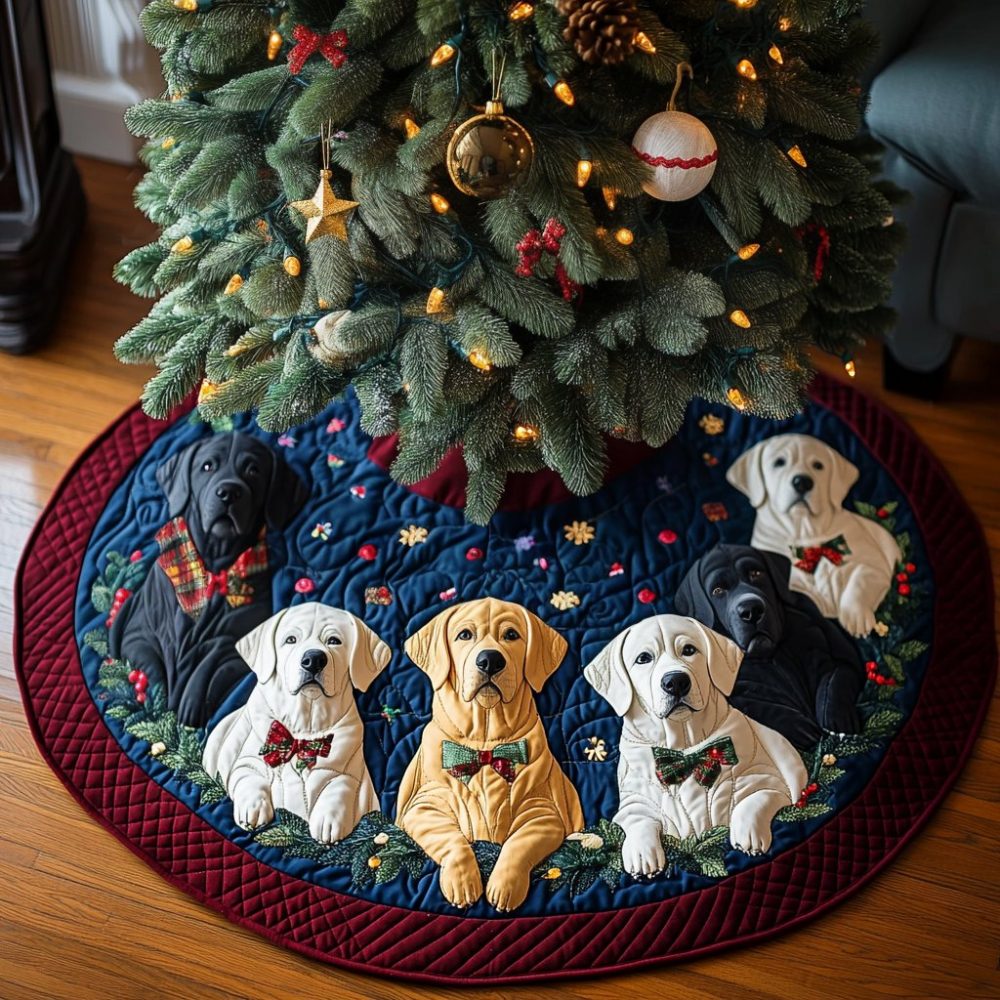 Labs In Bow Ties On Navy Tree Skirt — Made-To-Order Labrador Christmas Collar With Bow-Tie Motif On Navy Fabric, Premium Materials, Washable