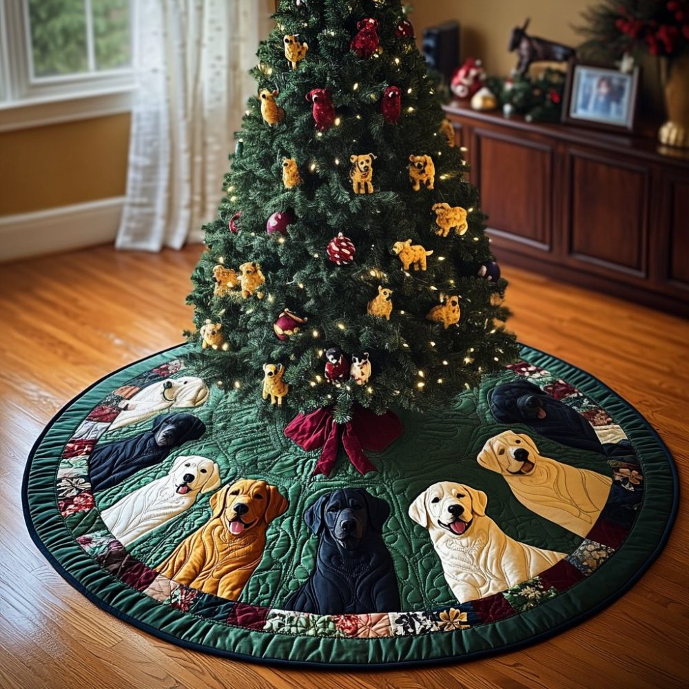 Lab Family On Ivory Patch Hem Tree Skirt — Custom Made-To-Order Labrador Family Design With Ivory Patch Hem, Premium Finish, Washable
