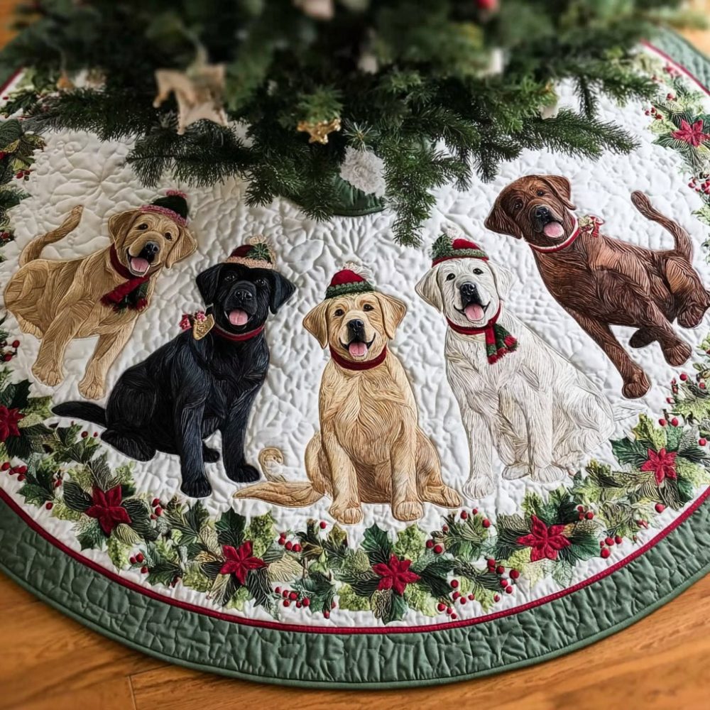 Labrador Retriever Frolic Tree Skirt — Playful Dog-Themed Christmas Base, Custom Sizes, Soft Durable Fabric & Handmade Personalization