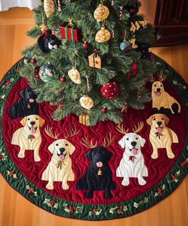 Labs In Antlers Ruby Ring Tree Skirt — Festive Labrador Design On Red Accent Skirt, Custom Sizes, Handmade For Playful Holiday Charm