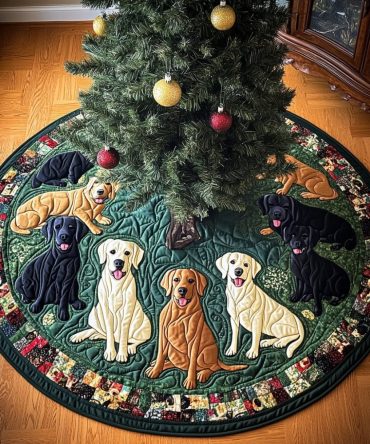 Labrador Trio On Evergreen Tree Skirt — Custom Festive Dog-Themed Tree Base, Eco-Friendly Fabrics, Handmade Personalization Options