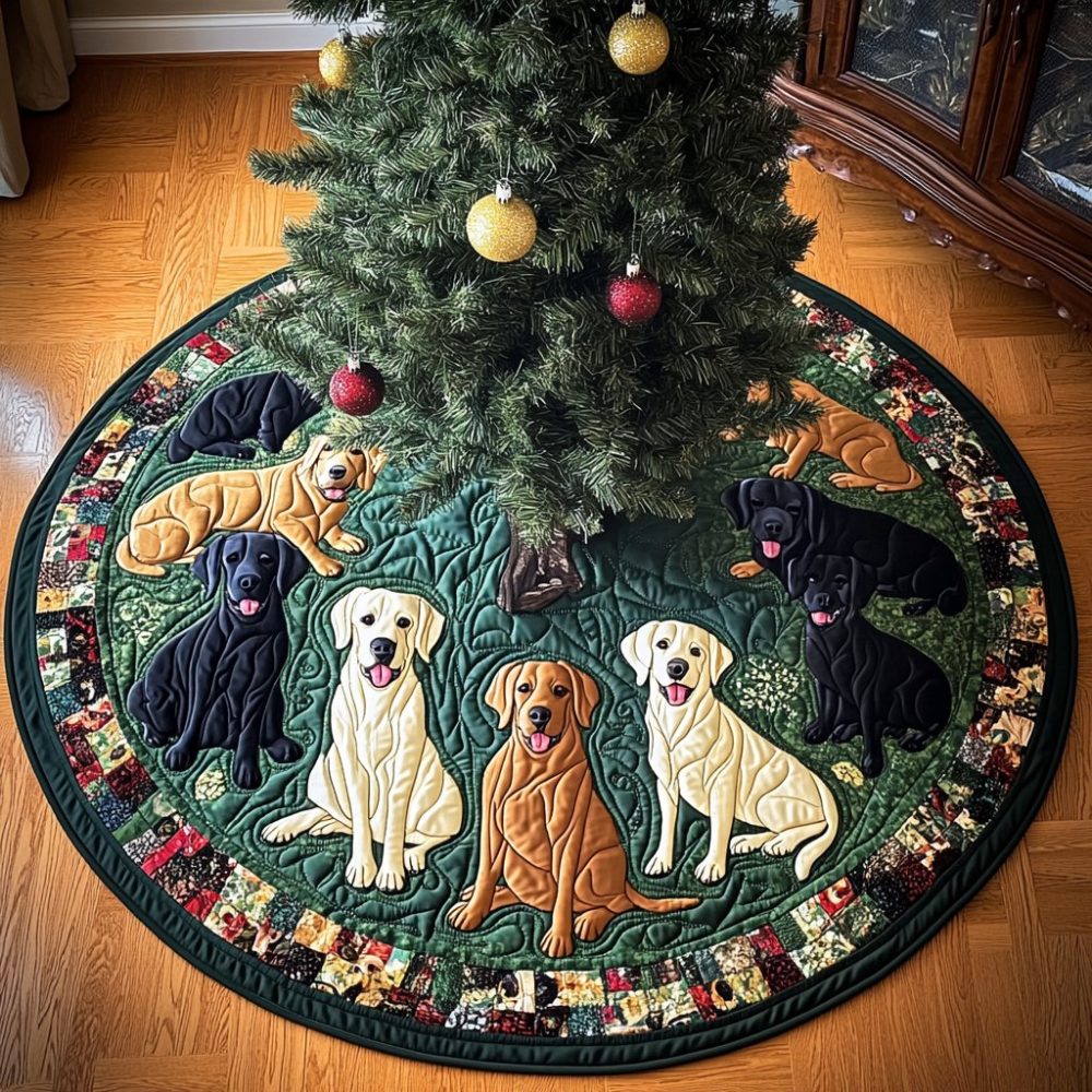 Labrador Trio On Evergreen Tree Skirt — Custom Festive Dog-Themed Tree Base, Eco-Friendly Fabrics, Handmade Personalization Options