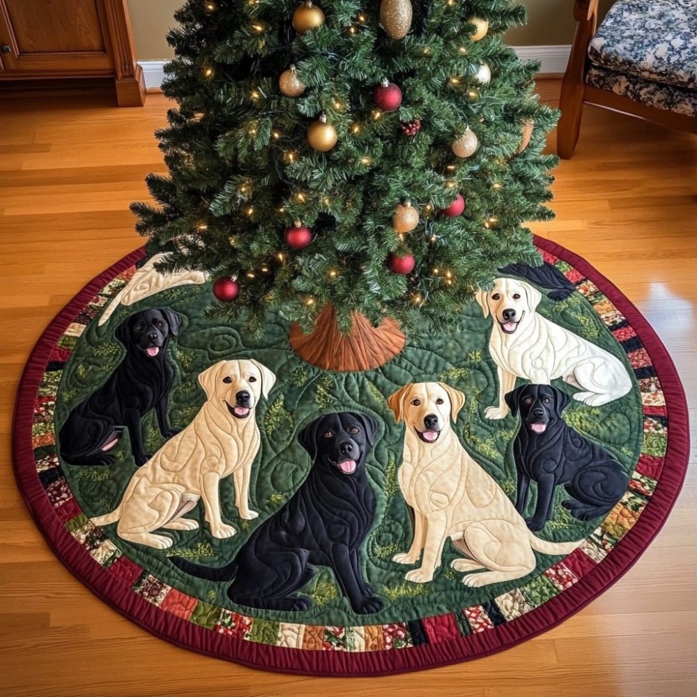Labrador Snowy Adventure Tree Skirt — Personalized Dog Holiday Base, Durable Plush Fabric, Handmade Keepsake For Pet Families