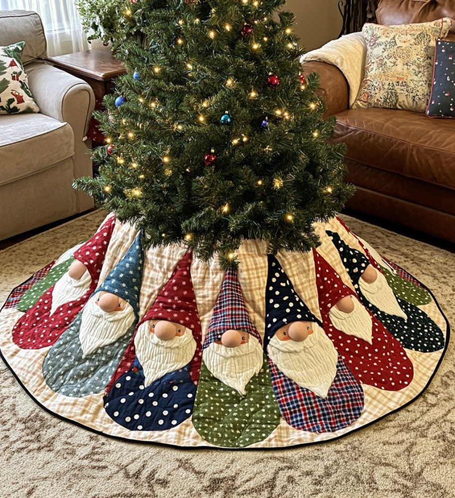 Whimsical Gnome Holiday Tree Skirt — Custom Handmade Festive Base, Plush Fabric, Personalized Colors & Fast Made-To-Order Shipping