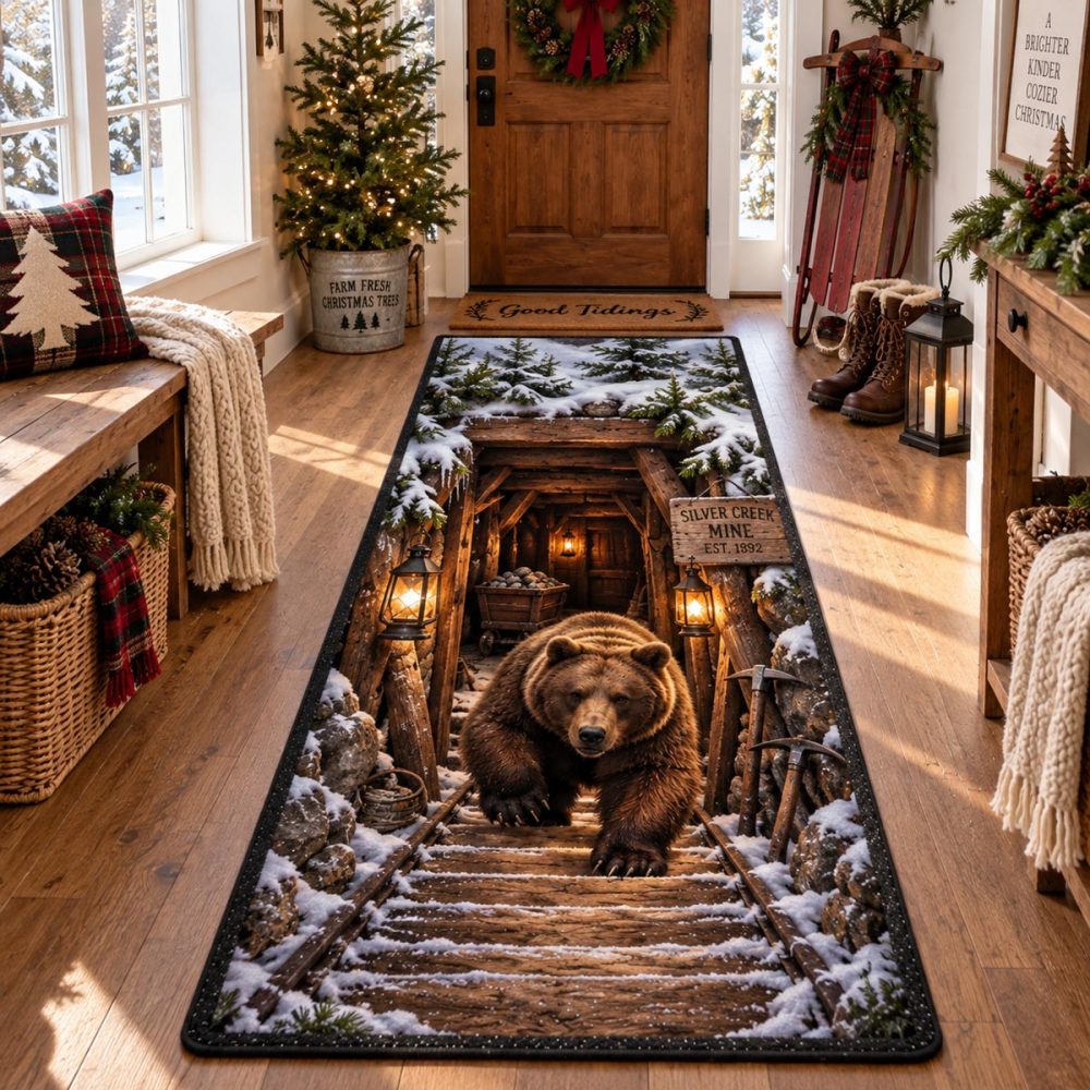 Lantern Bear Lodge Runner Rug — Cozy Cabin-Style Bear Design, Heavy-Duty Hallway Runner With Non-Slip, Stain-Resistant Finish