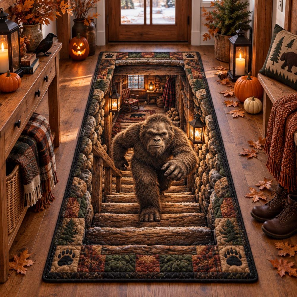 Lantern Bigfoot Stair Runner Carpet - Rustic Lantern Motif Non-Slip Stairway Runner, Durable Low-Pile Rug For Cabin, Easy-Clean