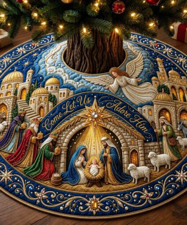 Let Us Adore Him Nativity Tree Skirt - Custom Scripted Christmas Skirt With Reverent Nativity Artwork, Handcrafted Religious Decor