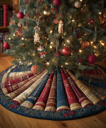 Library Depth Christmas Tree Skirt — Handmade Literary Holiday Tree Skirt, Book Lover Christmas Décor With Vintage Library Style