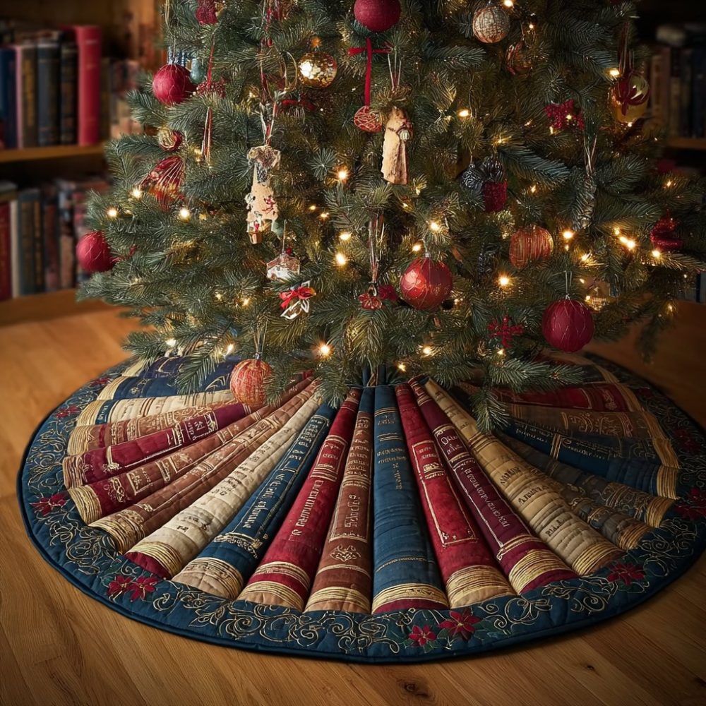 Library Depth Christmas Tree Skirt — Handmade Literary Holiday Tree Skirt, Book Lover Christmas Décor With Vintage Library Style