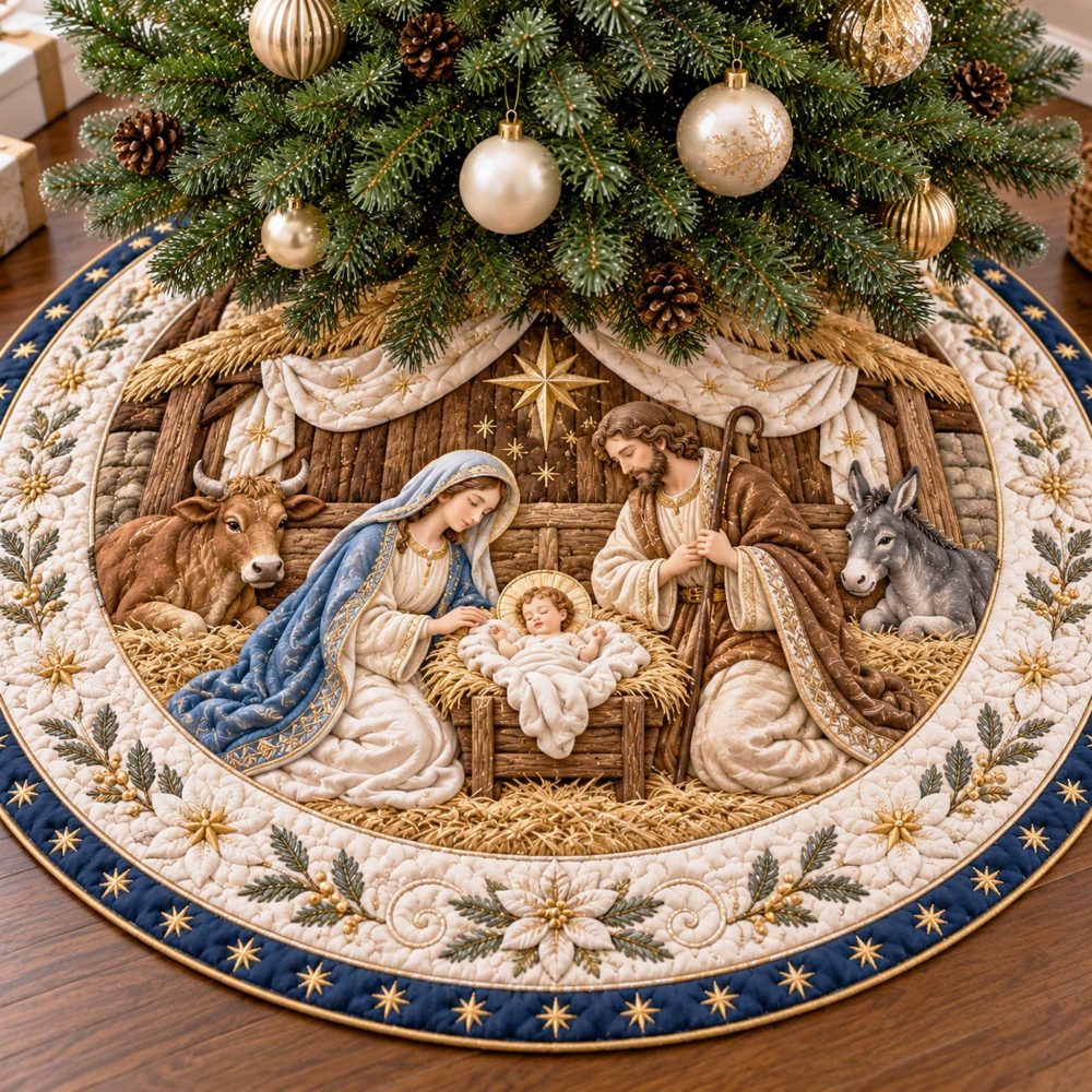 Light Of Bethlehem Christmas Tree Skirt - Made-To-Order Bethlehem Star Nativity Skirt, Hand-Finished Holiday Centerpiece With Custom Sizes