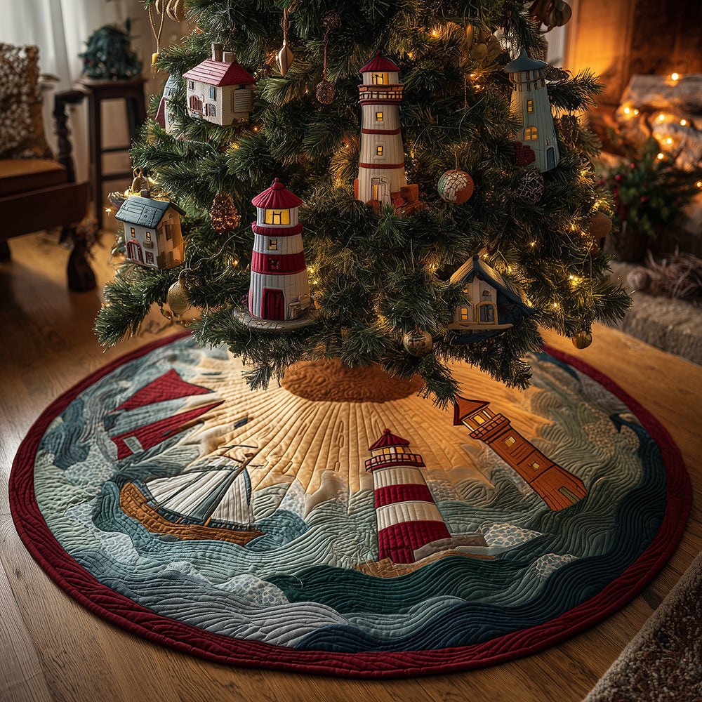 Lighthouse Coastal Glow Christmas Tree Skirt — Handcrafted Seaside Holiday Skirt With Nautical Embroidery & Custom Size Options