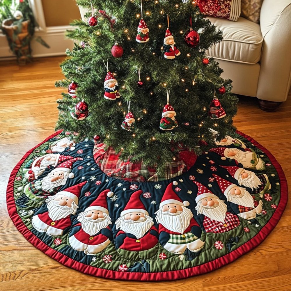 Whimsical Little Gnome Holiday Tree Skirt — Handcrafted Gnome Christmas Tree Skirt, Cottagecore Festive Mat, Custom Embroidery