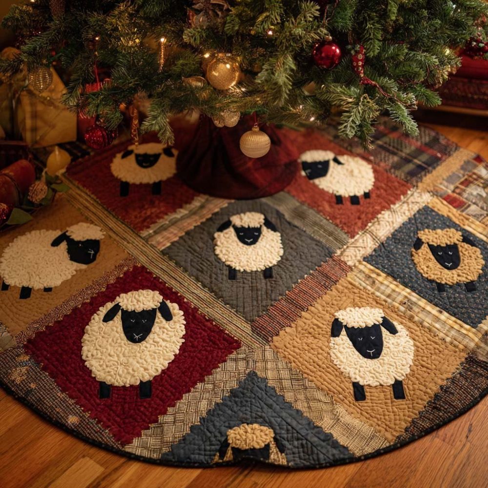 Adorable Little Lamb Holiday Tree Skirt — Handmade Lamb Christmas Skirt, Soft Farmhouse Tree Mat, Personalized Baby & Nursery Gift