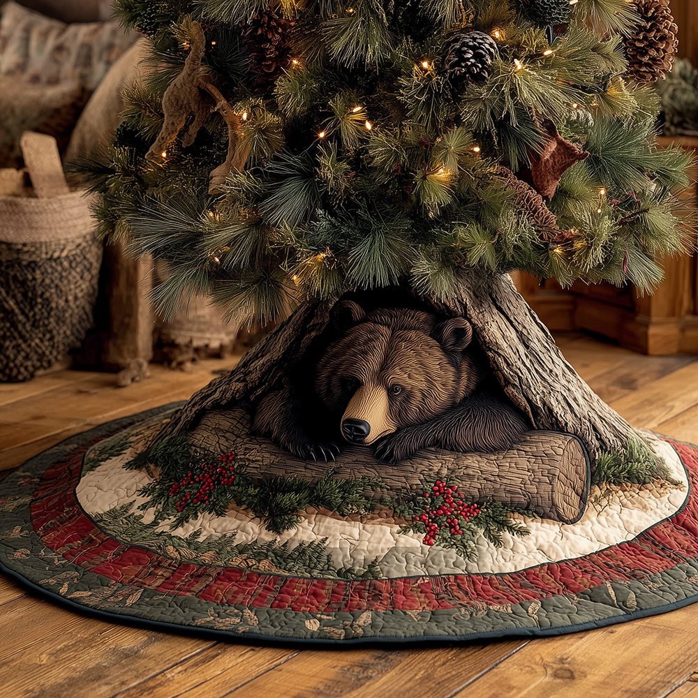 Rustic Log Cabin Bear Holiday Tree Skirt — Hand-Sewn Christmas Tree Skirt With Cozy Woodland Lodge Design, Perfect Cabin Gift