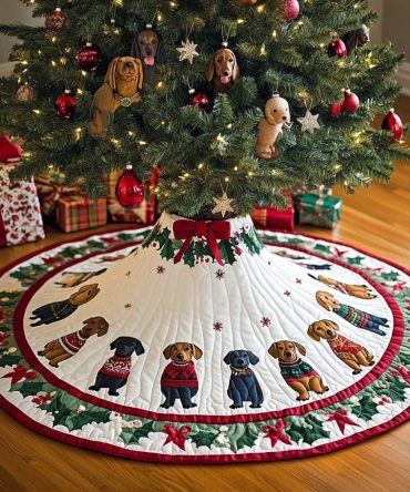 Handmade Long Dog Holiday Tree Skirt — Custom Long-Dog (Dachshund) Christmas Skirt, Personalized Wiener Dog Festive Décor Gift