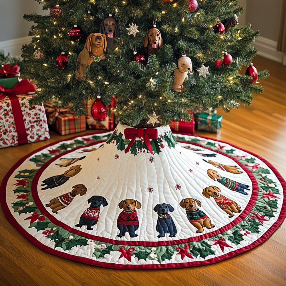 Handmade Long Dog Holiday Tree Skirt — Custom Long-Dog (Dachshund) Christmas Skirt, Personalized Wiener Dog Festive Décor Gift